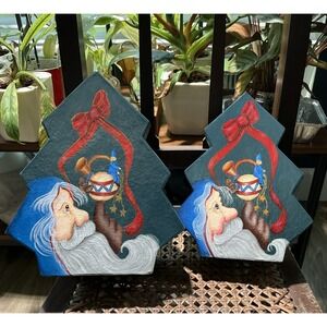 2 Hand Painted‎ Tree Shaped Boxes With Lid Santa Claus Christmas Decor, Signed
